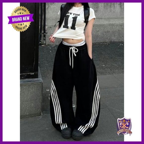 Women's Y2K Baggy Sweatpants High Waisted Wide Leg Joggers Drawstring - Picture 5 of 7